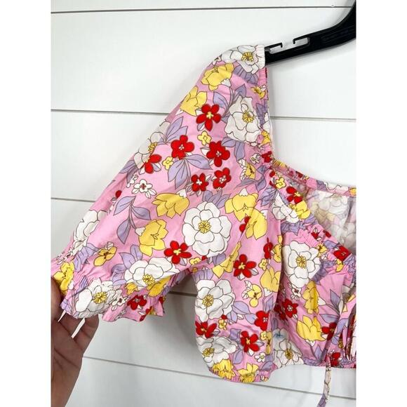Vero Moda Pink Floral Print Puff Sleeve Tie Front Crop Blouse Size XL - Picture 4 of 10